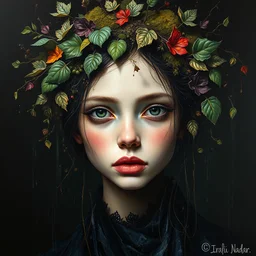 a portrait of beautiful girl by irakli nadar with intricate detailed color smashing fluid oil paint and acrylic in a black background, moss and leaves headdress, melting wax, mycelia, abstract impressionism, ruan jia, dark fantasy, hyper detailed, concept art, by gustav klimt, by sue bryce, moody lighting