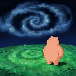 night chubby cartoon concept art, grass spiral mountain landscape, from lorax movie, black blue green, spiral clouds, sam and max
