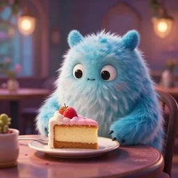 fluffy monster having a slice of cake in a magical cafe. award - winning 3 d animation by an indie studio, rimlighting, depth of field, limited but vibrant palette, intricate details, impressionism, chiaroscuro, bokeh.