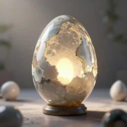 stunning egg, mix of glass, ceramics, plastic, kintsugi, ambient morning light, radiate light, diorama, houdini render, unreal engine, hypereal