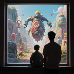 siluette of a man in front of a window where a huge 3 d animation satisfy is playing, octane render, unreal engine, hyper detailed