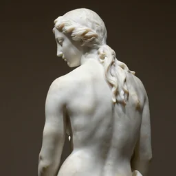 sculpture of a woman with long hairs, rodin, white marble, back light