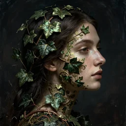 a woman's face in profile, covered in intricate decorative ivy, in the style of the dutch masters and gregory crewdson, dark and moody