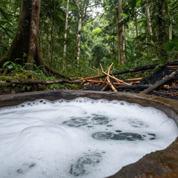 pristine bath filled with bubbles in a clearfelled jungle, deforestation, slash and burn