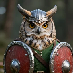 An award winning digital art piece of a furry, photorealistic, cinematic, highly detailed, realistic anthropomorphic owl wearing a horned viking helmet, shield, and green shirt.