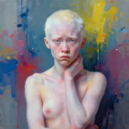 albino model with a sad face, face symmetry, nice pose, rule of thirds, eye symmetry, colourful oil spray water paint splatters, expressive, abstract art, by greg rutkowski, by jeremy mann, by francoise nielly, 4 k, 8 k, correct body proportion, cinematic color style, sad face, albino girl