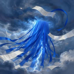 Storm of blue clothes ribbons and paper scrolls. Clouds, lighting. Fantasy, digital painting, HD, 4k, detailed, vibrant.