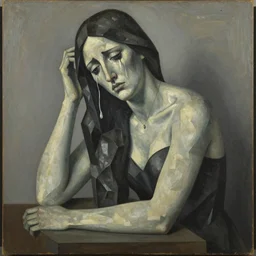 a cubism painting of a cry woman, in the style of alexander archipenko, muted colors