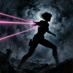 silhouette of Leeloo from the 5th Element dodging laser beams, stormy weather, extremely detailed masterpiece, oil on canvas, low-key neon lighting, artstation, Blade Runner 2049, Roger Deakin’s cinematography, by J. C. Leyendecker and Peter Paul Rubens,