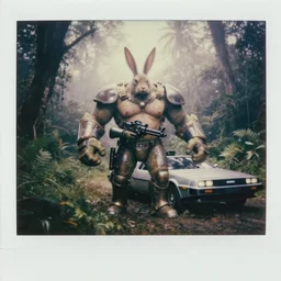 by military archive!! full shot!!!!! big chest!! rabbit armored combat boots holsters minigun sci - fi hulked oversized rabbit barbarian delorean, fog, in deep jungle forest jungle, overcast!!! cinematic focus, old damagaed polaroid photo, vintage, neutral colors, faded!! very soft lights, big overcast, very foggy, full shot by steve hanks, by serov valentin, by lisa yuskavage, by andrei tarkovsky