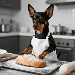 photo of an anthropomorphic mini pinscher baking bread and wearing a kitchen apron, 4 k, noir photography