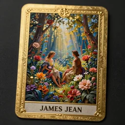 a tarot card with gold foil embossed frame showing a painting of a cinematic floral landscape, photorealistic matte painting ,8K, trending on artstation,volumetric light, lightrays,cinematic, atmospheric, octane render, insanely detailed and intricate,by James Jean, Ellen Jewett, Zdzislaw Beksinski and Peter Mohrbacher, hyper realistic, super detailed, golden ratio,Octane, redshift, unreal 5,behance, deviantart, vray,well rendered