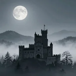 silhouette of a castle on misty mountains, digital art, highly detailed, beautiful, calm, full moon