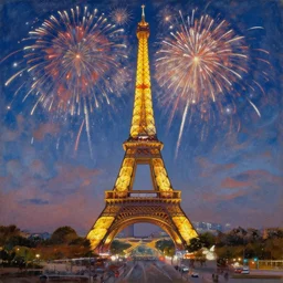 Oil painting of Eiffel Tower with fireworks in the sky by Leonid Afremov