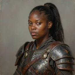 portrait painting of a round - faced black warrior woman with a ponytail wearing battered leather armor, sharp focus, award - winning, trending on artstation, masterpiece, highly detailed, intricate. art by jeremy mann