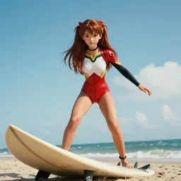 low angle iphone HDR photo of beautiful Asuka Langley from evangelion as a surfer in Florida, 35mm, cinematic, trending on Instagram, Asuka as a surfer model