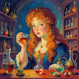 A psychedelic portrait of library of potion, vibrant color scheme, highly detailed, in the style of romanticism, cinematic, artstation, Moebius, Greg rutkowski