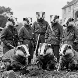 a group of badger archaeologists with badger faces, digging at sutton hoo in 1 9 4 0 s suits, standing upright like people, anthropomorphic, style of beatrix potter, their faces are badger's faces, rendered as a highly detailed black & white photograph