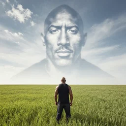 the clouds form the face of dwayne the rock johnson looking out on a field of short grass