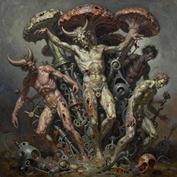 oil paint of flayed god machines, chaotic, bicornate fungal pit, trash patina sheen rotting, by alberto bontempi, alex ross, shigeru komatsuzaki, wayne d barlowe, alex ross, simon bisley & boris vallejo, enric torres, hyper realism, cinematical, narrative light, muted colors, epic, hyper detailed, awe inspiring