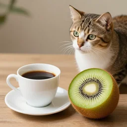 kiwi, coffee, cat