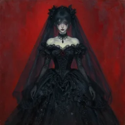 A very soft and dark haunting oil painting of Hatsune Miku in a black ornate wedding dress, scarlet background, by Oskar Kokoschka, ethereal, evil presence, haunted painting