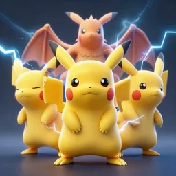 three - headed pikachu, realistic, pokemon, hyper realistic, lightning bolts, cinematic lighting