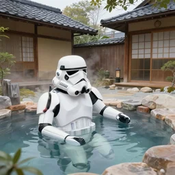 hyperrealism composition of the traditional japanese house with a hot springs in the garden, detailed stormtrooper bathe in a hot spring, fireworks on the background, pop - art style, jacky tsai style, andy warhol style, roy lichtenstein style, acrylic on canvas