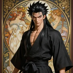 mazoku martial artist, handsome japanese demon boy, young adult yokai with long spiky black hair, vantablack gi, muscular, red eyes, ultra realistic, intricate details, highly detailed, subsurface scattering, photorealistic, octane render, 8 k, art by artgerm, greg rutkowski, charlie bowater, magali villeneuve, alphonse mucha