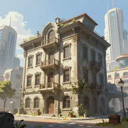 old building in a futuristic city, sunny day, concept art, digital painting,