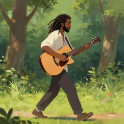 side shot of a man with dreadlocks walking while playing the guitar with trees in the background, beautyful painting, hyperrealistic, animation, concept art