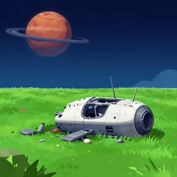 next to the wreckage of a small spaceship on a grass field, on an alien planet, from a sierra point and click 2 d graphic adventure game, set design inspired slightly by [ [ [ [ tomb raider ] ] ] ], art inspired by [ thomas kinkade ] and mark keathley and greg rutkowski