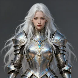 iridescent armor!!! long wild white hair!! covered chest!!! fantasy, d & d, intricate ornate details, digital painting, pretty face!!, symmetry, concept art, sharp focus, illustration, art by artgerm! greg rutkowski magali villeneuve wlop! ilya kuvshinov!!, octane render