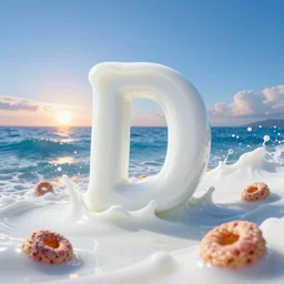 side view extreme close up of a white vitamin d milk ocean sea. nice blue sky setting sun on horizon. an ocean of gentle waves made of white milk. waves with a few floating fruit loops cereal. digital art, cgsociety award winner, ue 5, 4 k, dramatic lighting, subsurface scatter, hdr.