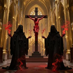 dark satanist figures, red smoke, turned cross, inside big golden church hallway, creepy, concept art, style of anato finnstark,