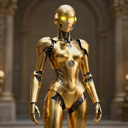 maria of metropolis, humanoid robot, golden full body armor, beautiful helmet in the shape of a face, full length portrait, scifi, futuristic, raytracing, yellow neon cyborg eyes, sharp focus, cinematic lighting, highly detailed, artstation, divine, by fritz lang, gauthier leblanc