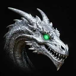 3 d render of a silver dragon head, side view, glowing green eye, dragon skull, lithograph, necromancer's dragon, mtg, by wayne reynolds, by beksinski