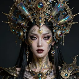 hyperrealistic detailed portrait of a beautiful goddess in an iridescent ornamental ritual headdress, intricate cyberpunk make - up, golden face tattoos, insane details, art by ernst haeckel, nekro borja, android jones, john william godward, gothic - cyberpunk, beautiful deep colours,