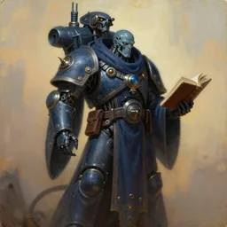 painting of golem as a cloaked tech priest holding a book, adeptus mechanicus, cybernetic enhancements attached to his body, zdzislaw beksinski, lewis jones, dariusz zawadzki, wayne barlow, warhammer 4 0 k, cold hue's, warm tone gradient background, concept art, digital painting