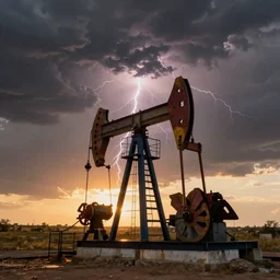 photo of a stormy west texas sunset, perfect rustic ( ( pumpjack ) ), film photography, lightning, golden hour, high quality, beautiful!!!