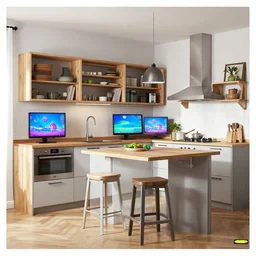 IKEA catalogue photo of a high end farmhouse kitchen, vaporwave, screens, TVs, monitors, by Beksiński