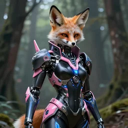 face portrait of a cyborg fennec fox assassin standing in the forest, in black carbon fiber pink and blue sci-fi armor, light coming off of the armor, tech wear, sci-fi, intricate, elegant, highly detailed, digital painting, artstation, concept art, smooth, sharp focus, illustration, trending on art station, dynamic lighting, cinematic, ultra detailed, fantasy concept art