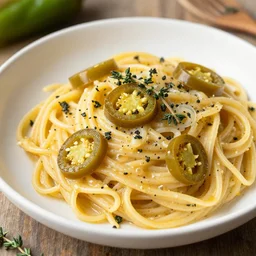 photorealistic pasta topped with jalepenos and thyme