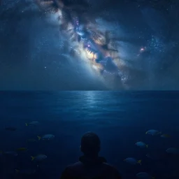 point of view of deep in the ocean looking up, you see fishes, higher up you see very clearly the milk way illuminating the sea down bellow, night time. highly detailed painting by gaston bussiere, greg rutkowski 8 k