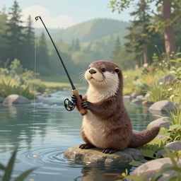 breathtaking painting of cute otter hanging fishing rod and fishing on coast of river, morning forest, octane render, artstation, stylized, HDR, smooth light, morning light, 8k