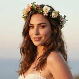 fine art photo of the beauty gal gadot, she is posing while maintain a sweet eye contact to the camera, she has a crown of flowers, the photo was taken at sunrise with a bokeh effect, by ellie victoria gale, photorealistic, matte painting, hyper realistic, 4 k, 8 k, cinematic composition, hd, highly detailed, trending on artstation
