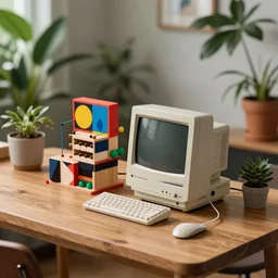 tilt shift photography, extreme dof, a miniature retro 1 9 9 0 computer on a wood tabletop, bold modern art, midcentury, rube goldberg machine, exotic house plants, lofi, japanese design, chill out
