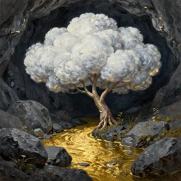 A beautiful, highly detailed, very realistic oil painting of a single cloud tree with lots of cloud shaped leaves, next to a small river made of pure gold in the middle of a huge, very dark cave, with lots of dark grey rocks, oil painting by Greg Rutkowski.