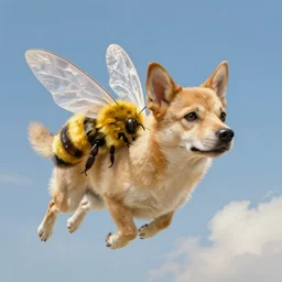 dog with bumblebee wings flying, sky, digital painting, highly detailed, realistic lighting