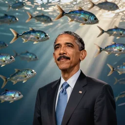 Obama with a mustache while a school of flying fishes fly over him